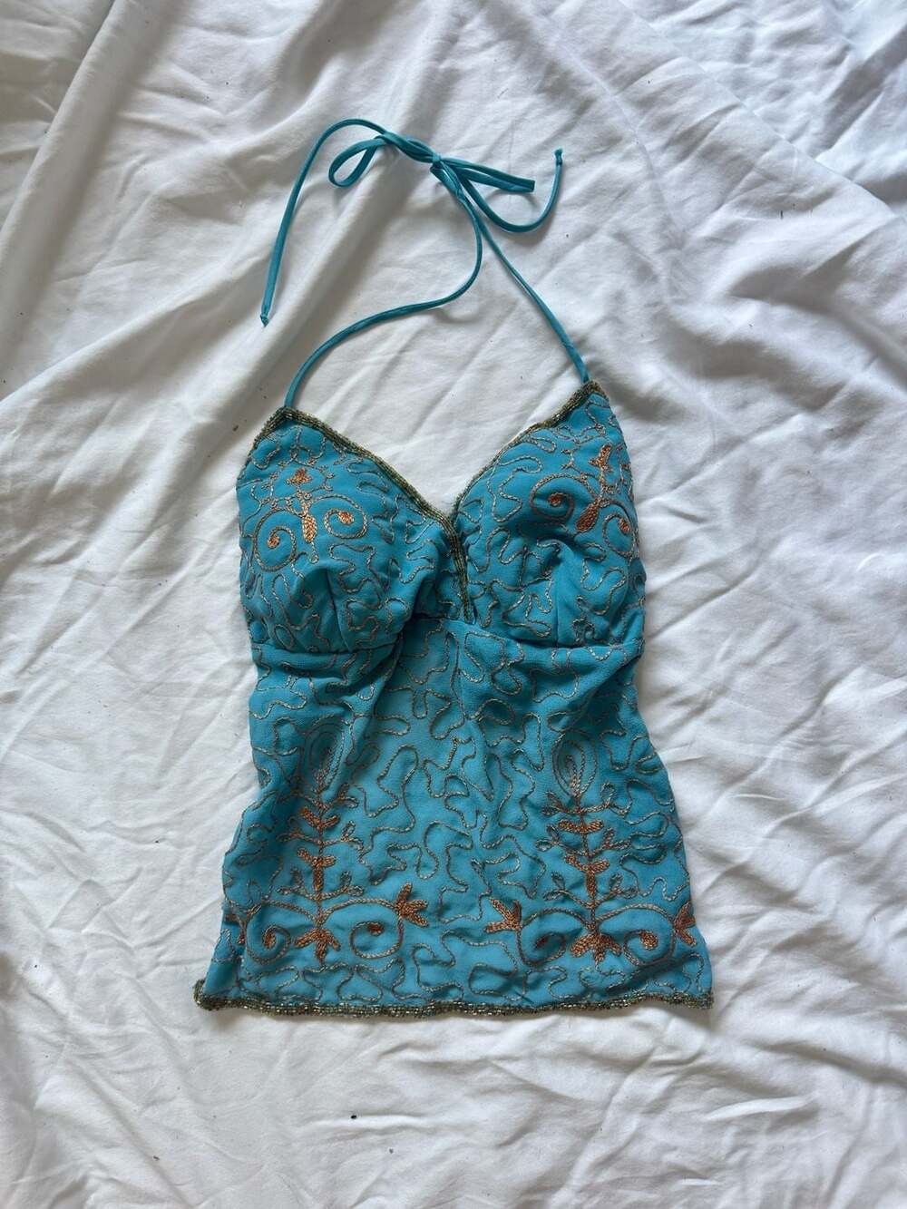 Seduction Vintage Y2K Aqua and Gold Embroidered Beaded Halter Top